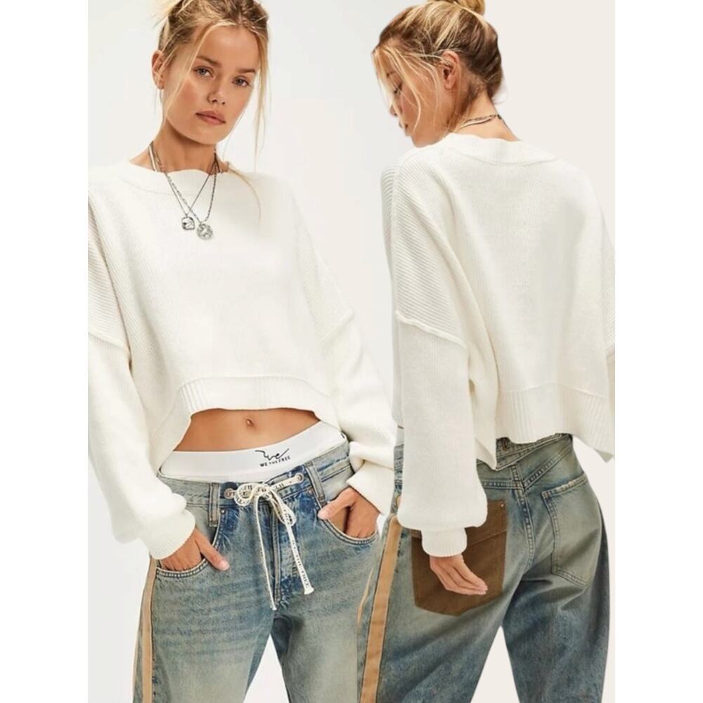 Free People Easy Street Crop Pullover Sweater in White Size Large Preppy Fall - Picture 3 of 16